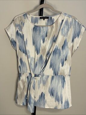 Fifty Street Blue Brushstroke Asymmetrical Peplum‎ Satin Top Large